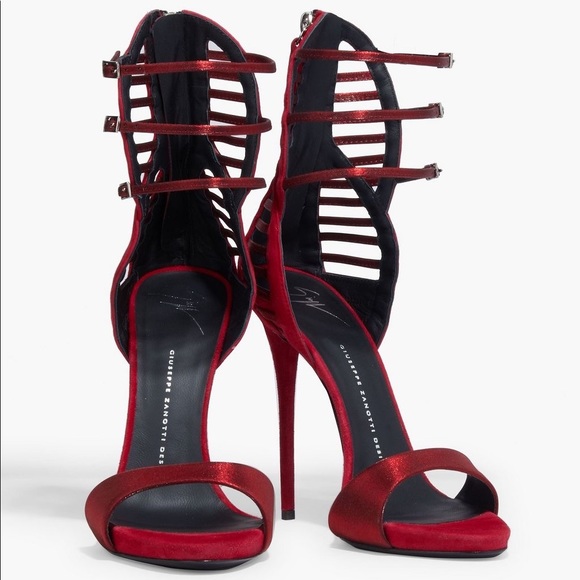 Giuseppe Zanotti Shoes - Giuseppe Zanotti Lamé Trimmed Suede Sandal Heels in Red US 8